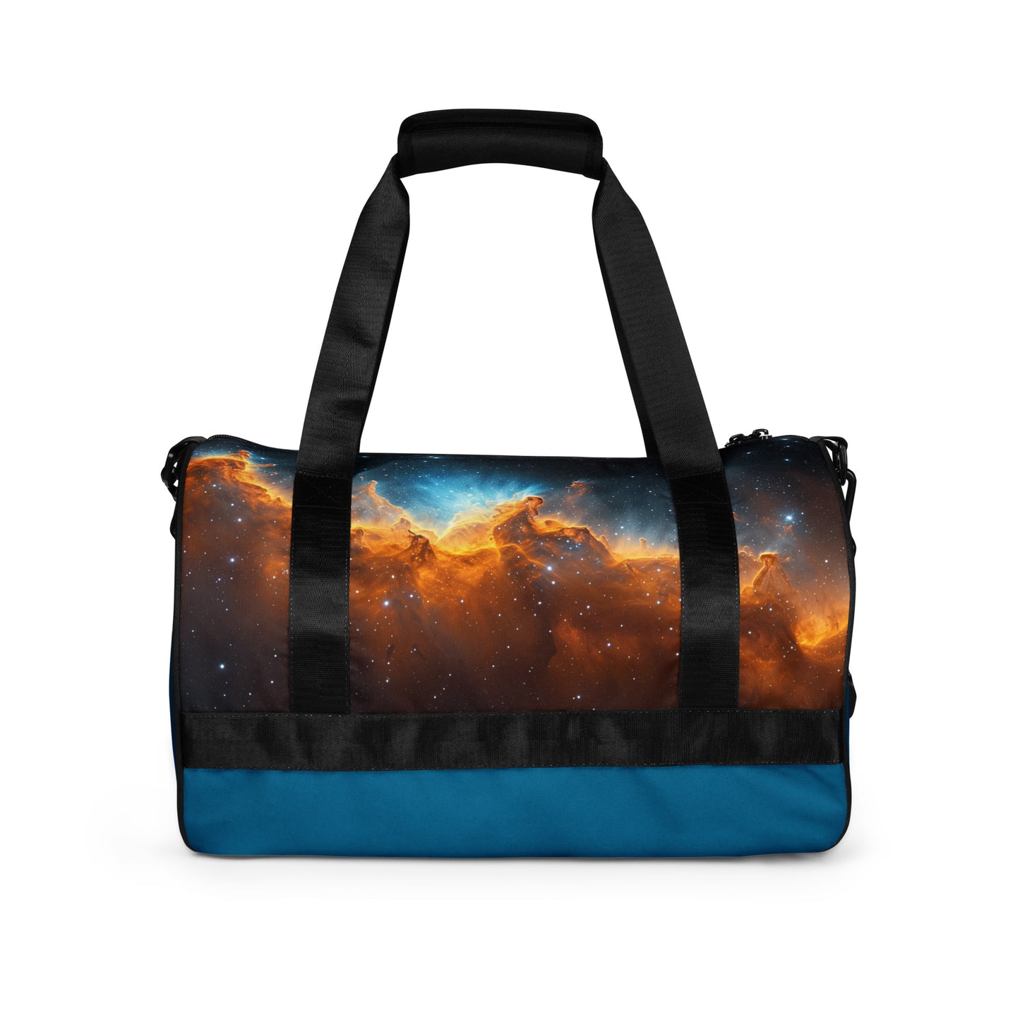 Blue and gold nebula star formation on a teal blue duffel bag or gym bag shown from the back. Gym bag for men or gym bag for women