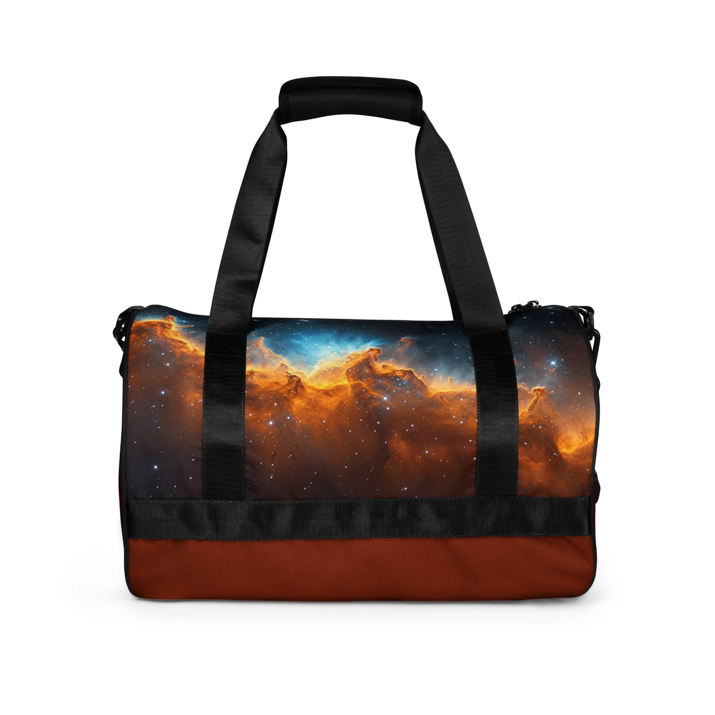 Blue and gold nebula star formation rust colored duffel bag or gym bag shown from the back. Gym bag for men or gym bag for women