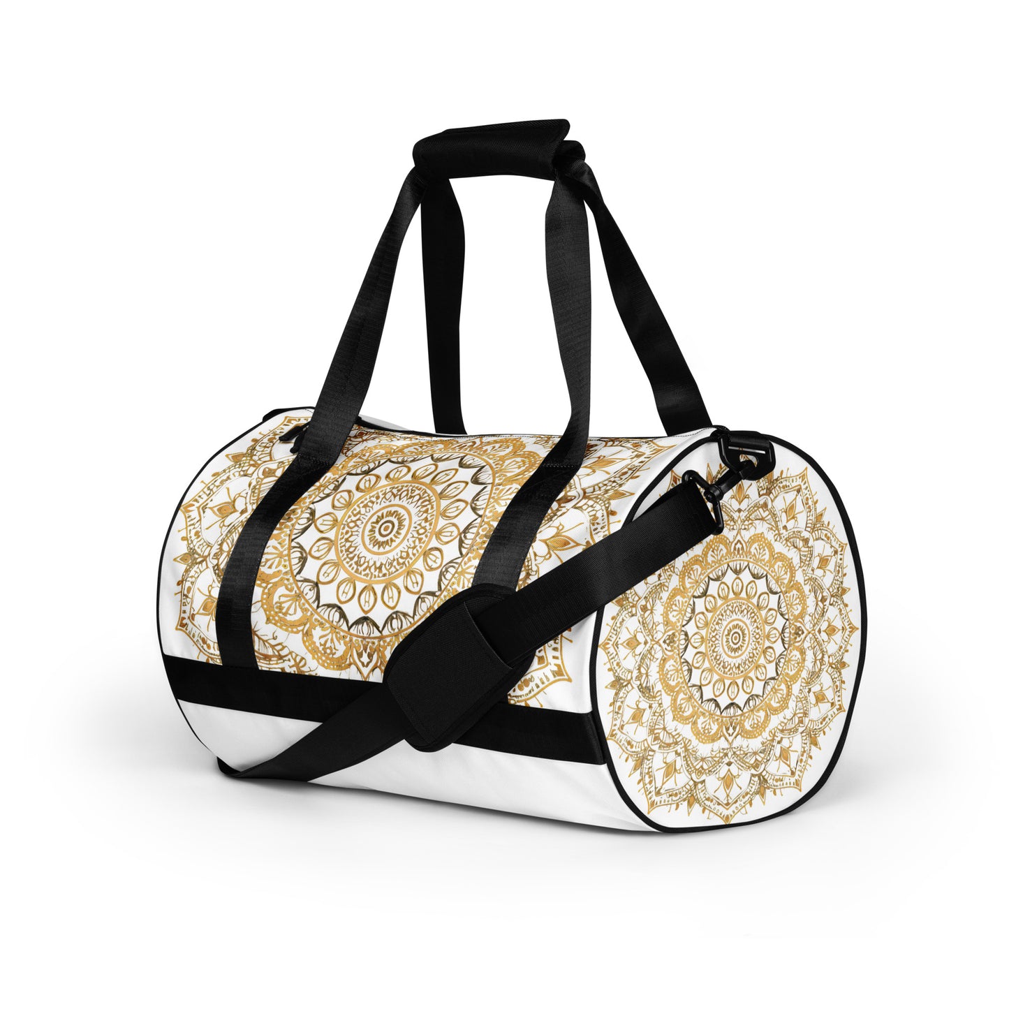 Large gold mandala on a white duffel bag or gym bag shown from the left side with another mandala on the round side. Gym bag for men or gym bag for women