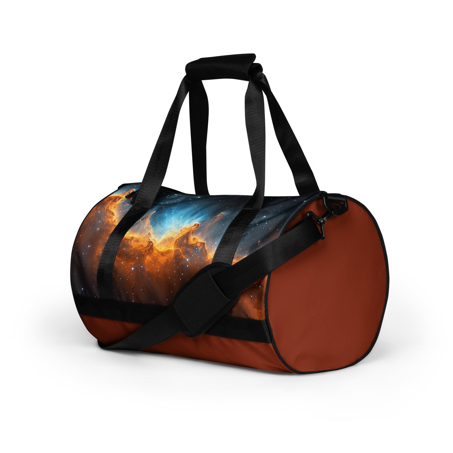 Blue and gold nebula star formation rust colored duffel bag or gym bag shown from the left. Gym bag for men or gym bag for women