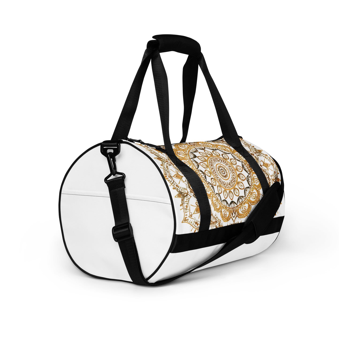 Large gold mandala on a white duffel bag or gym bag shown from the right side. Gym bag for men or gym bag for women
