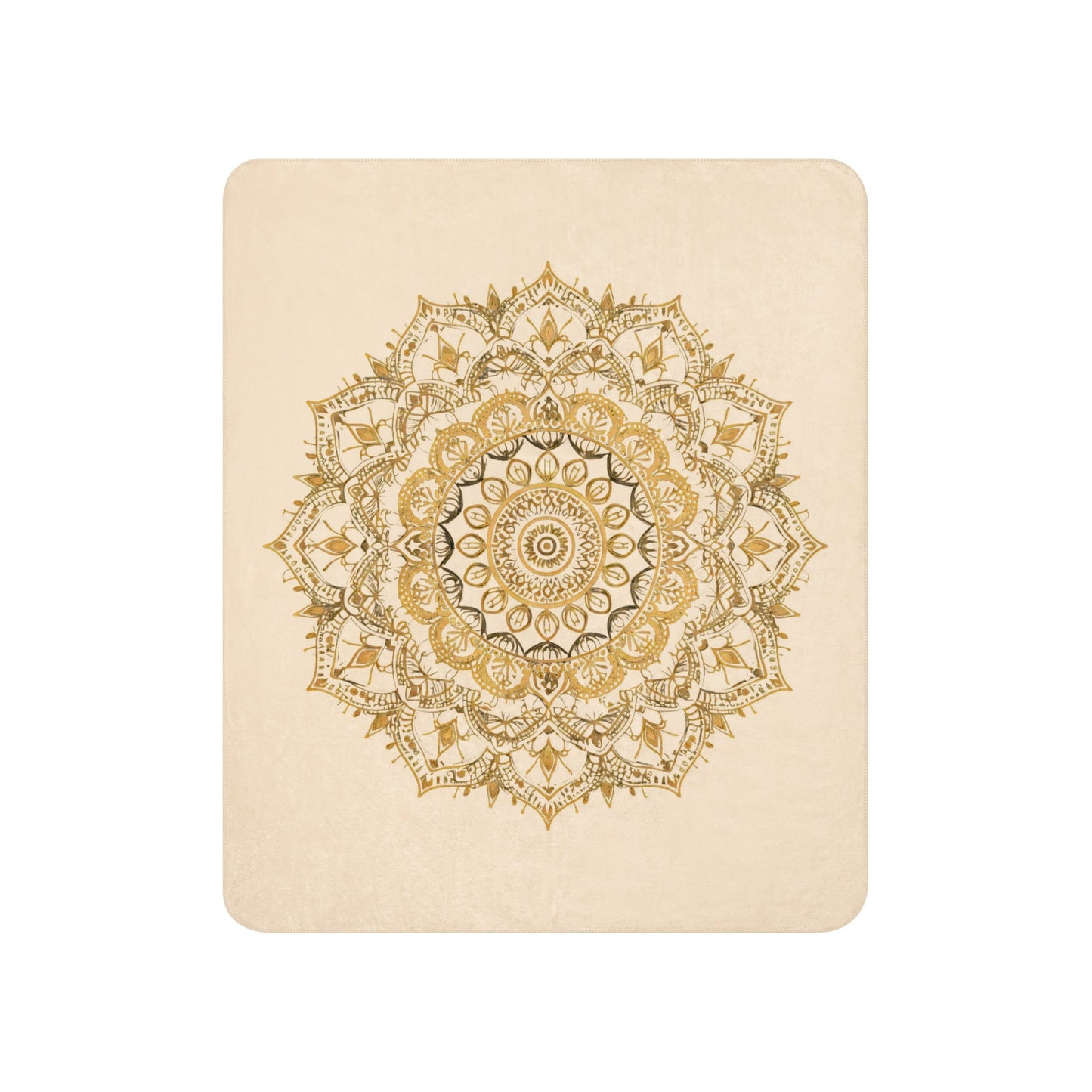 Large gold mandala on a plush sherpa blanket, soft, cozy mandala blanket, shown in XL size, laid out flat
