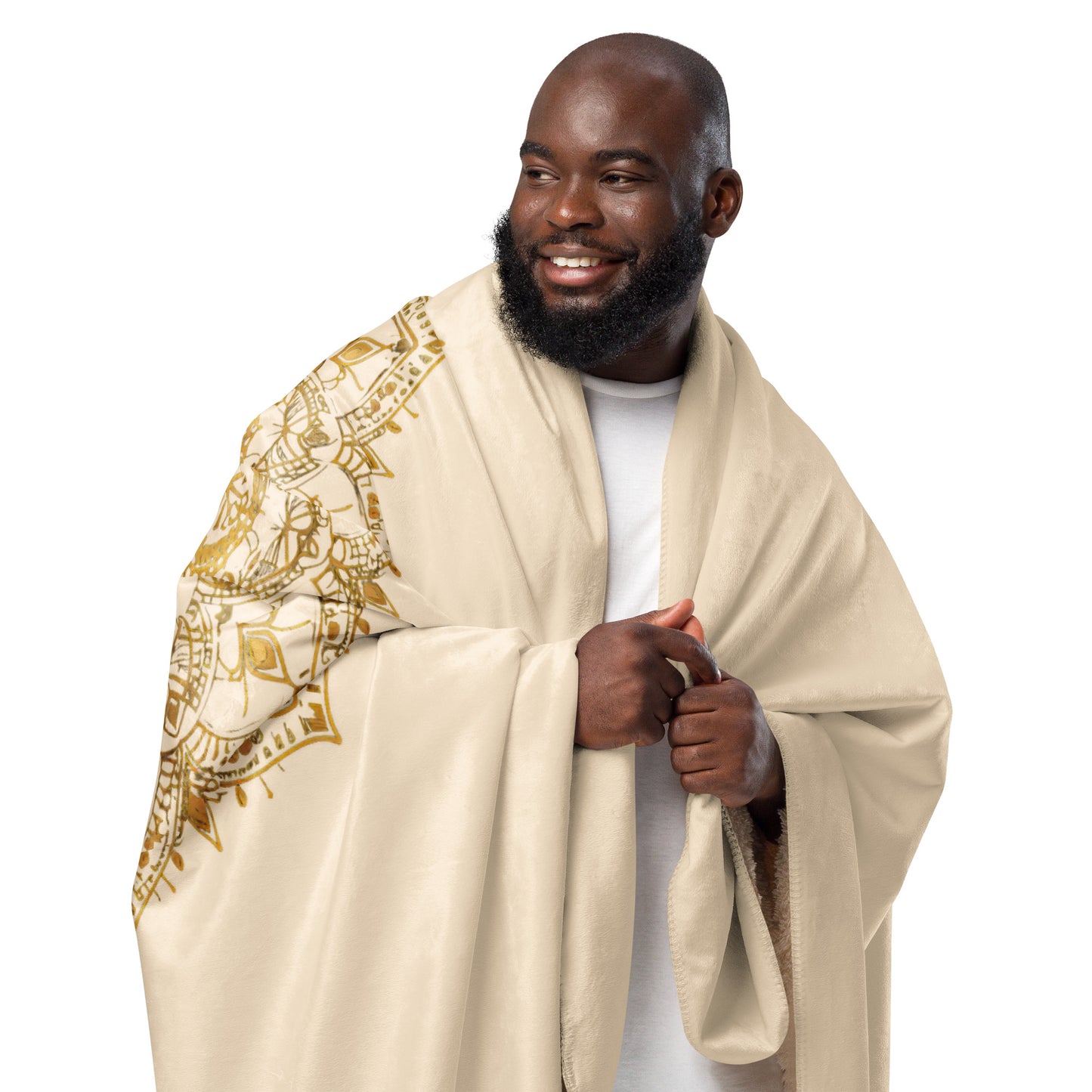 Large gold mandala on a plush sherpa blanket, soft, cozy blanket, shown in XL size, worn on a man's shoulders