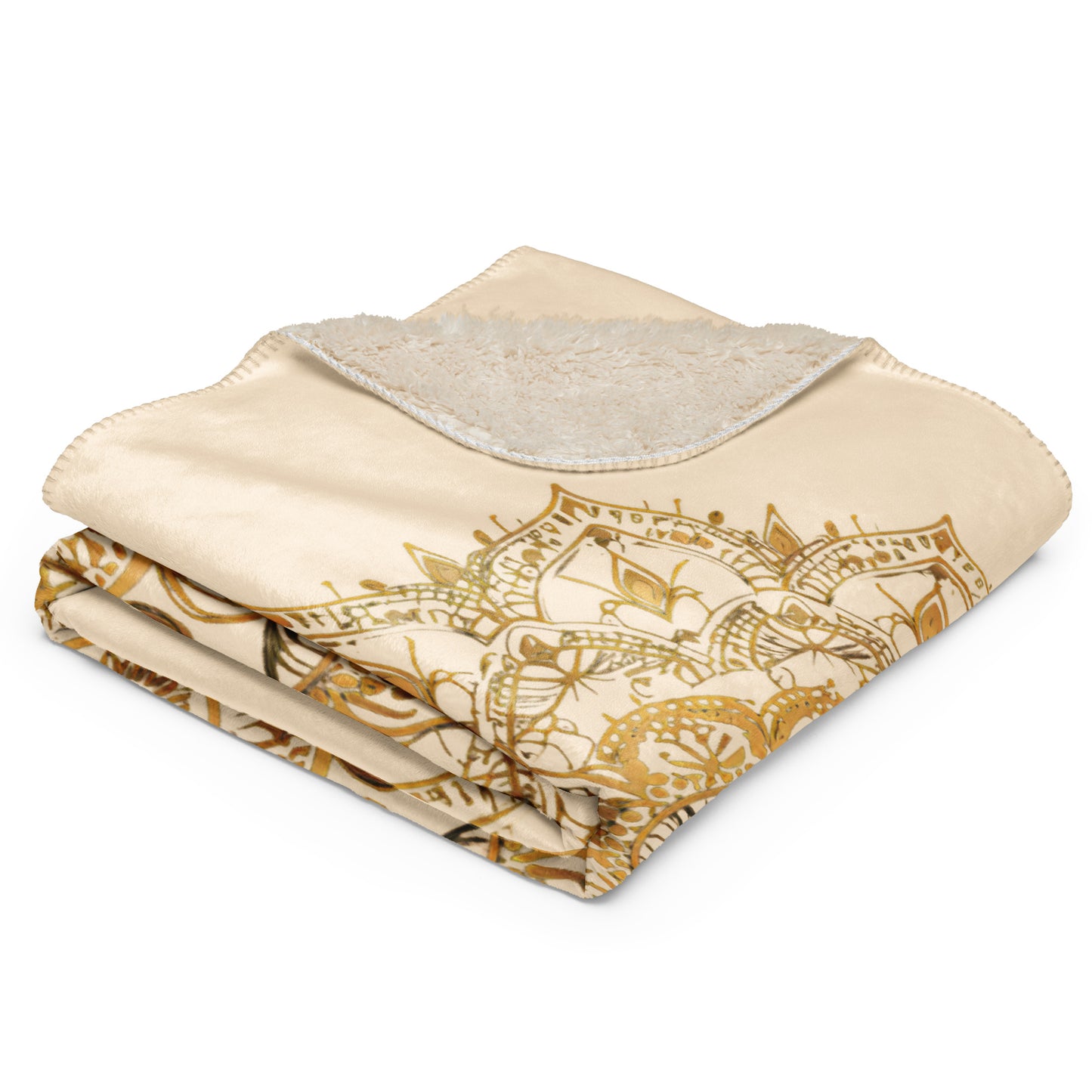 Large gold mandala on a plush sherpa blanket, soft, cozy blanket, shown in XL size, folded up