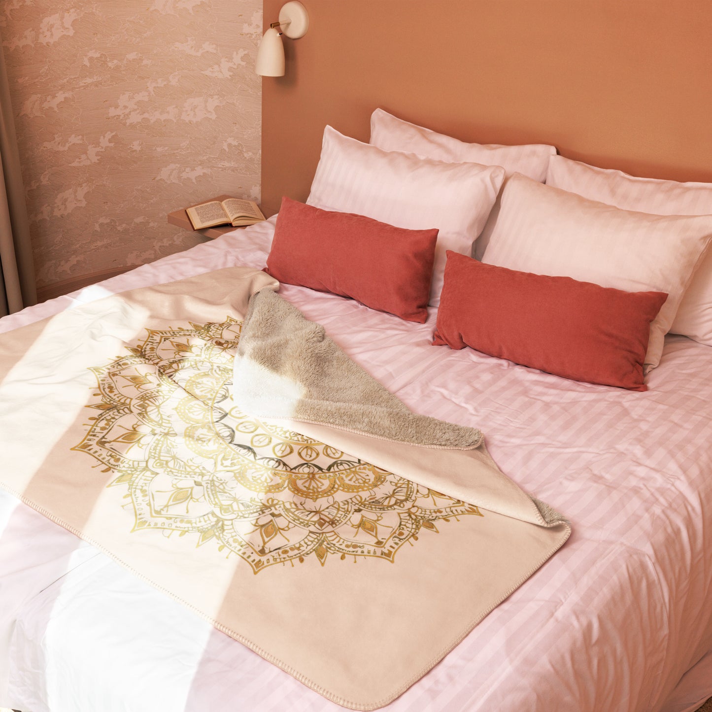 Large gold mandala on a plush sherpa blanket, soft, cozy blanket, shown in small size, cozy mandala blanket on a bed