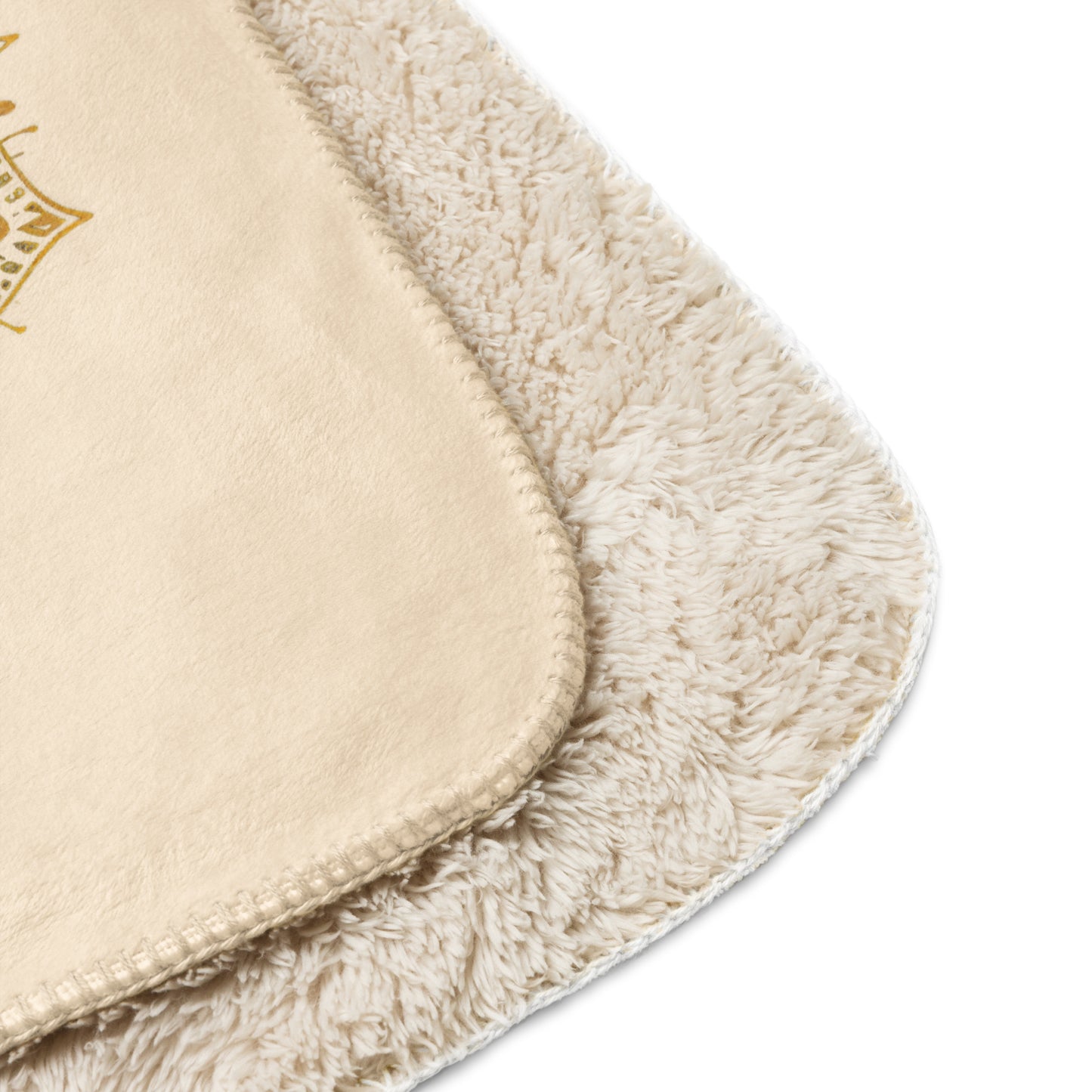 Corner of large gold mandala on a plush sherpa blanket, soft, cozy blanket, showing top and extra soft underside blanket for him, blanket for her.