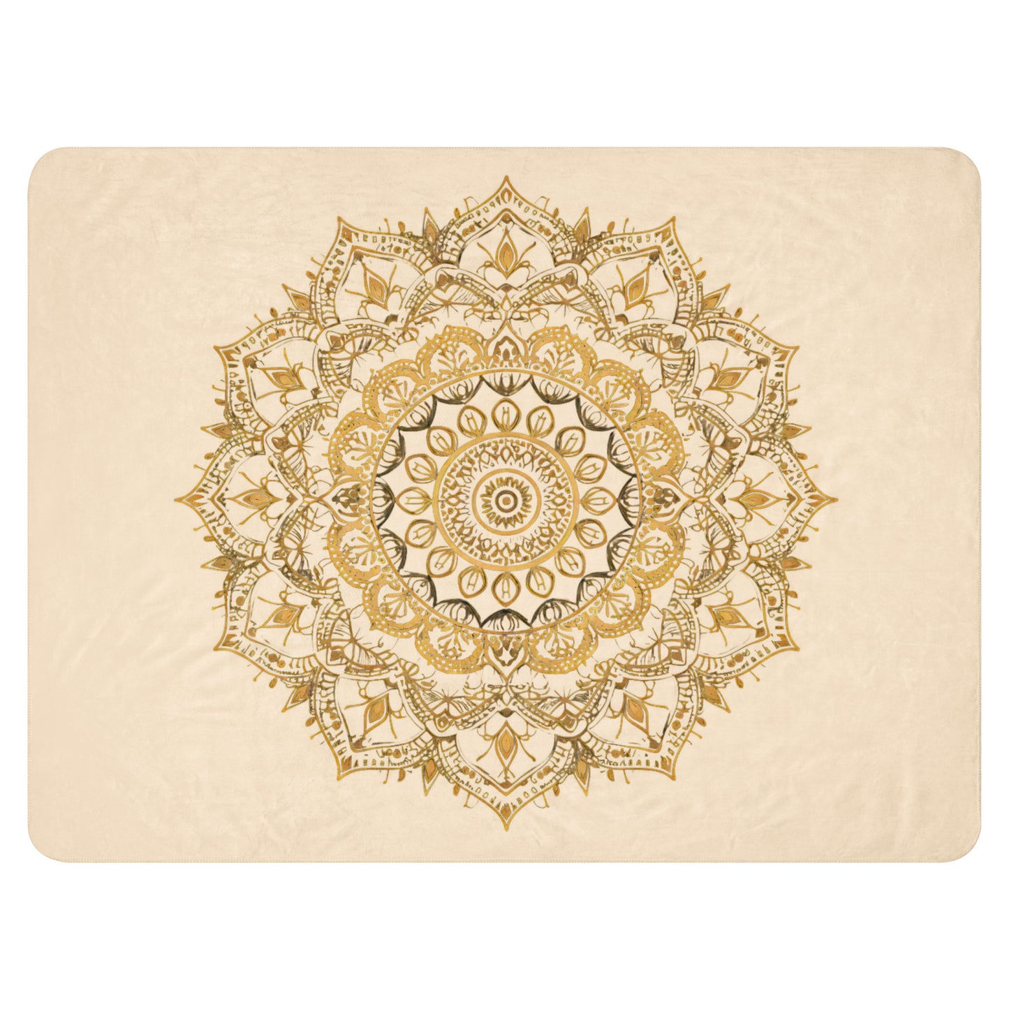 Large gold mandala on a plush sherpa blanket, soft, cozy blanket, shown in XL size, laid out to the side