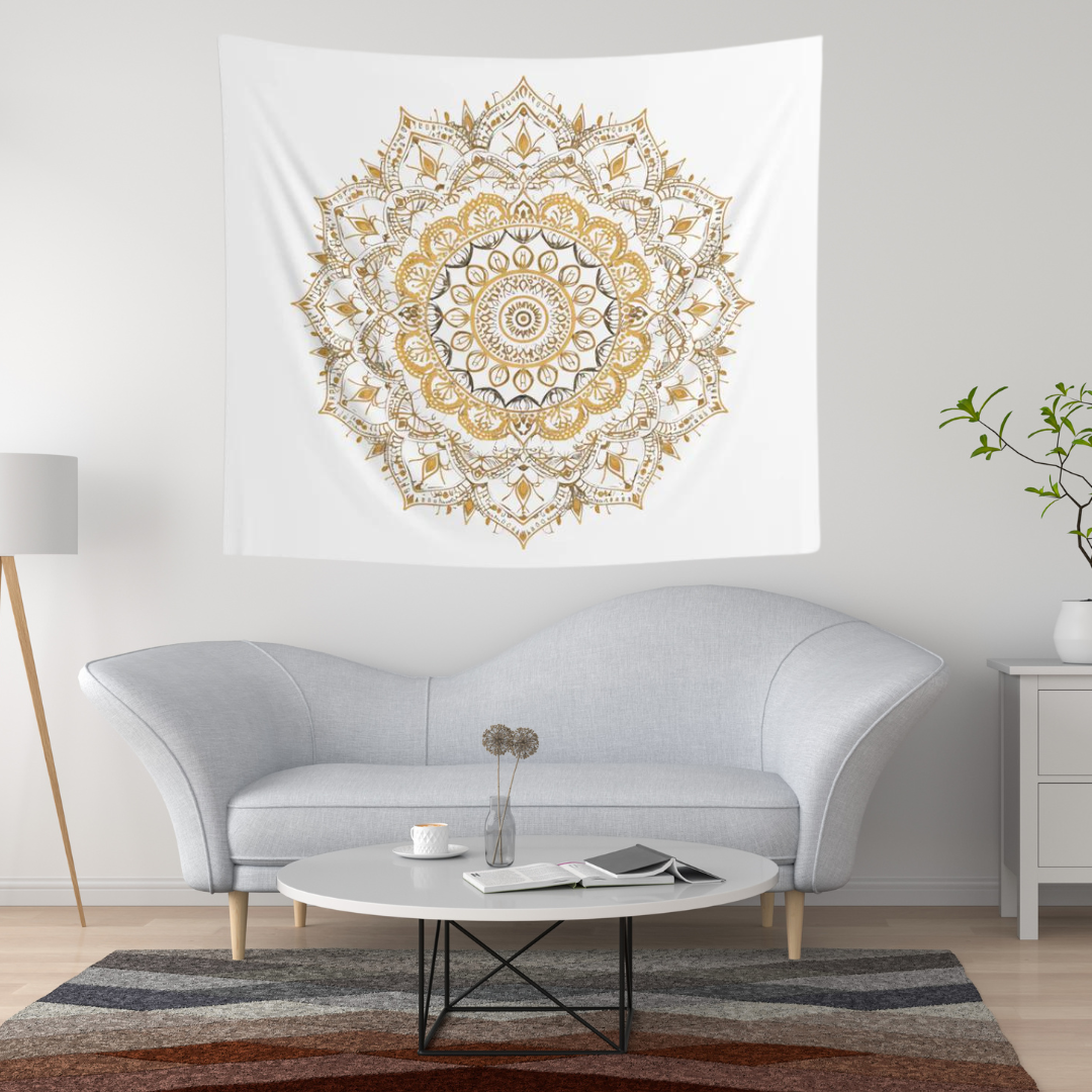 Gold Mandala on White - Wall Tapestry