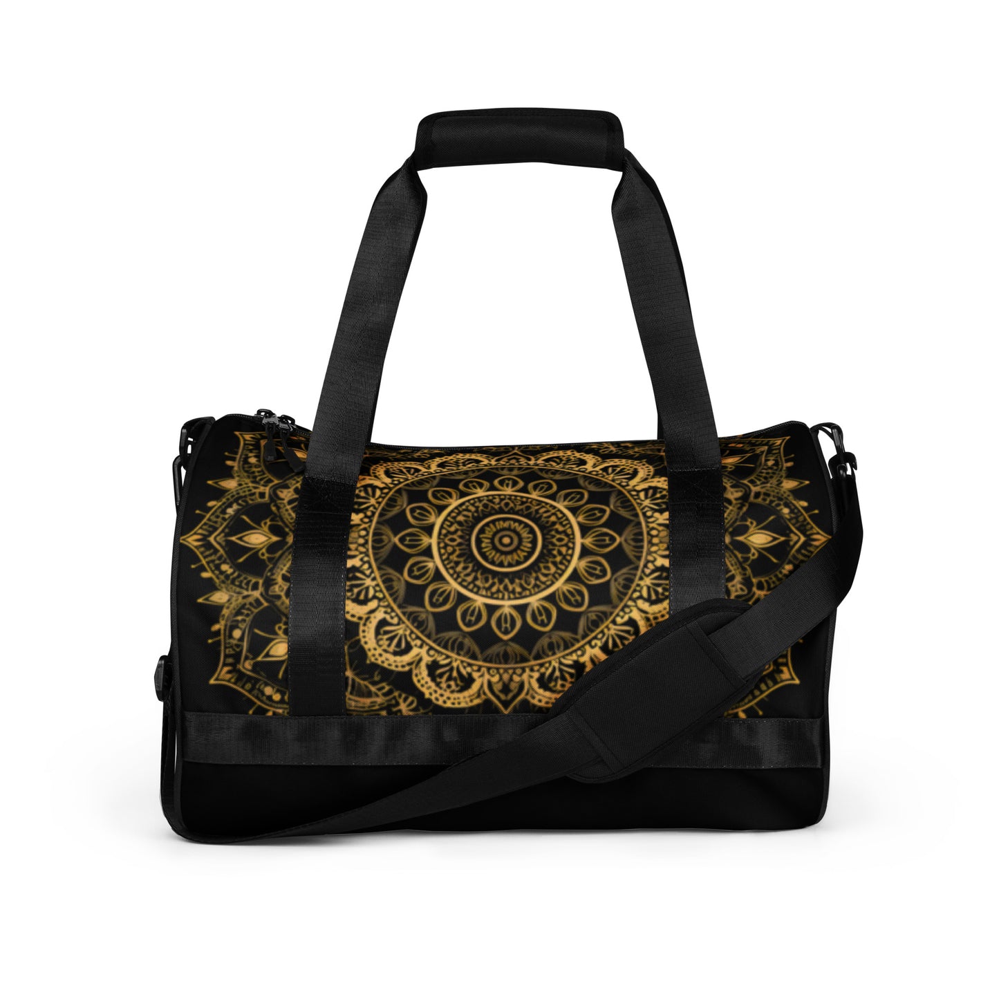 Large gold mandala on a black duffel bag or gym bag shown from the front. Gym bag for men or gym bag for women