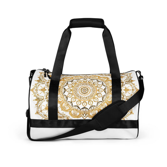 Large gold mandala on a white duffel bag or gym bag shown from the front. Gym bag for men or gym bag for women