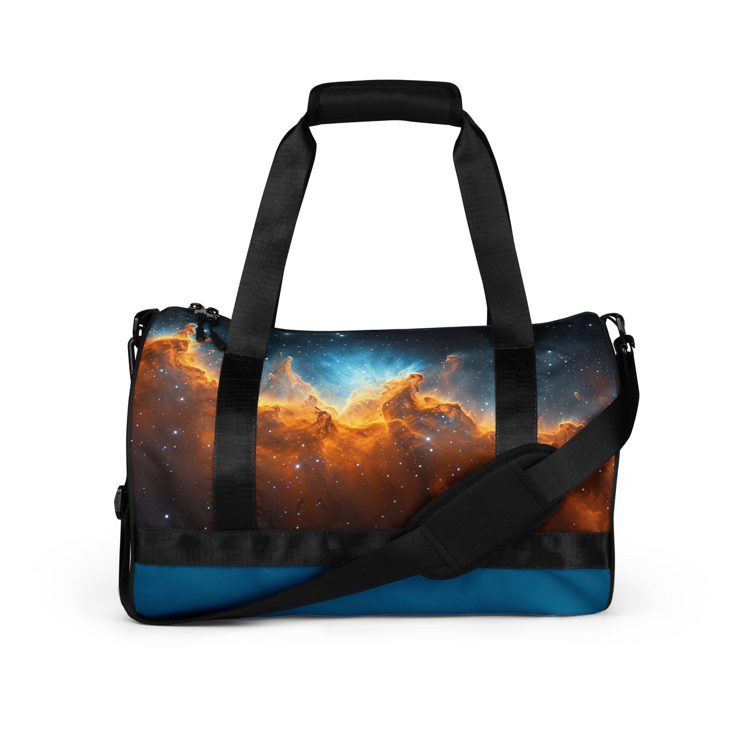 Blue and gold nebula star formation on a teal blue duffel bag or gym bag shown from the front. Gym bag for men or gym bag for women