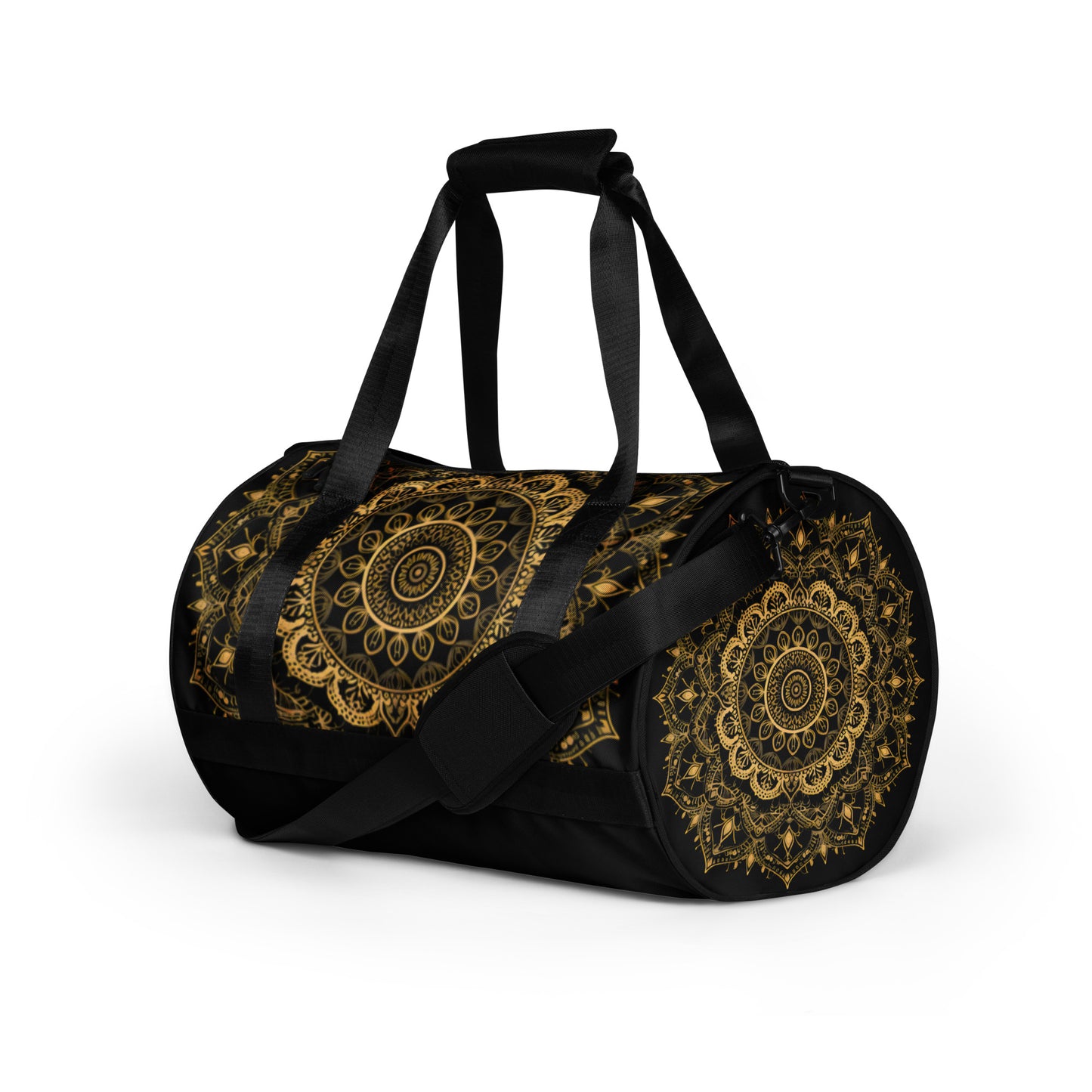 Large gold mandala on a white duffel bag or gym bag shown from the left with another mandala on the round side. Gym bag for men or gym bag for women