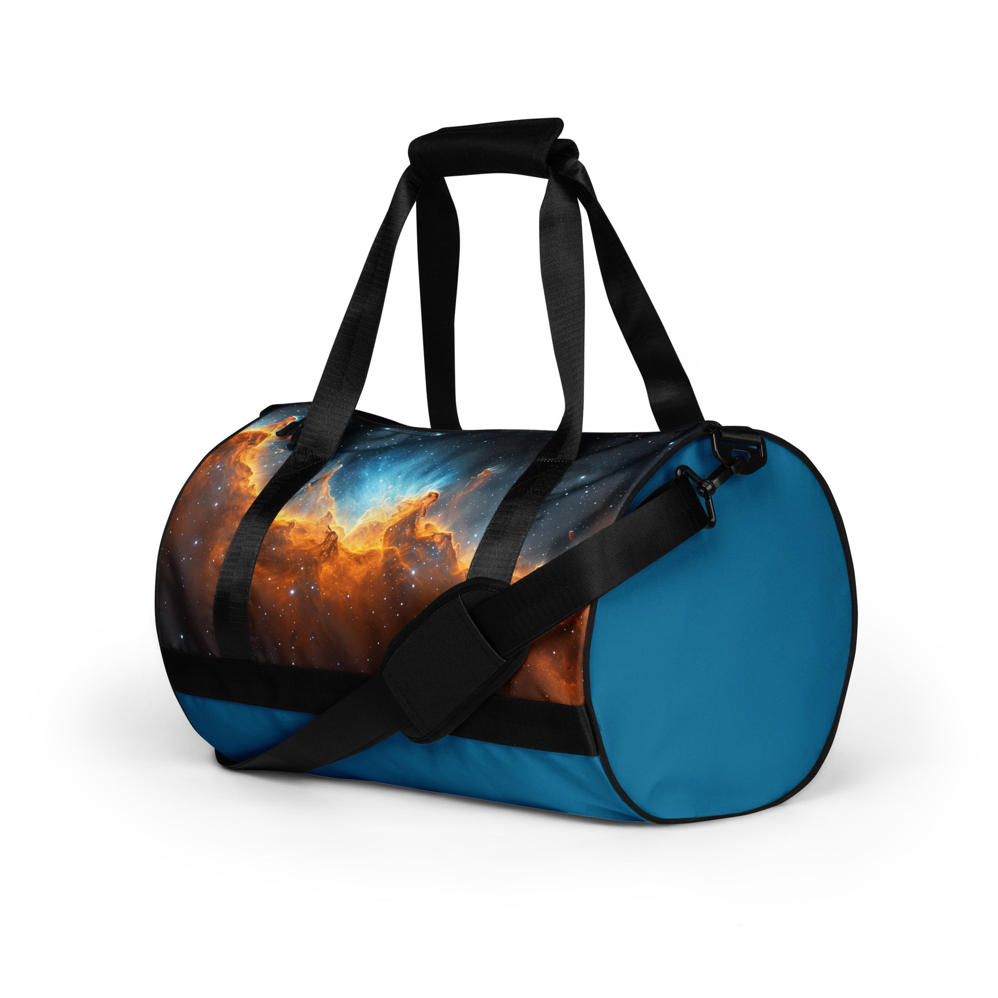 Blue and gold nebula star formation on a teal blue duffel bag or gym bag shown from the left side. Gym bag for men or gym bag for women