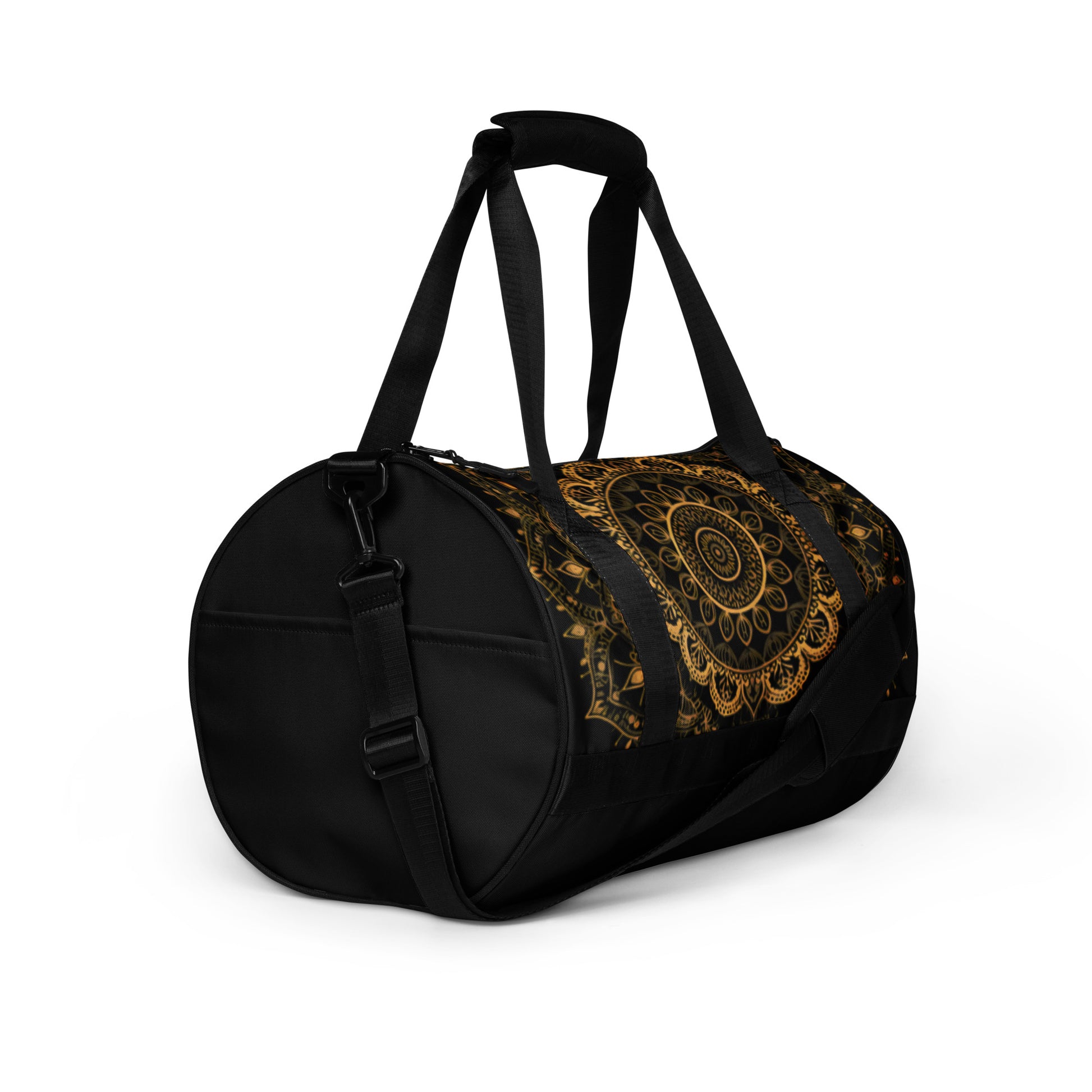 Large gold mandala on a black duffel bag or gym bag shown from the right. Gym bag for men or gym bag for women