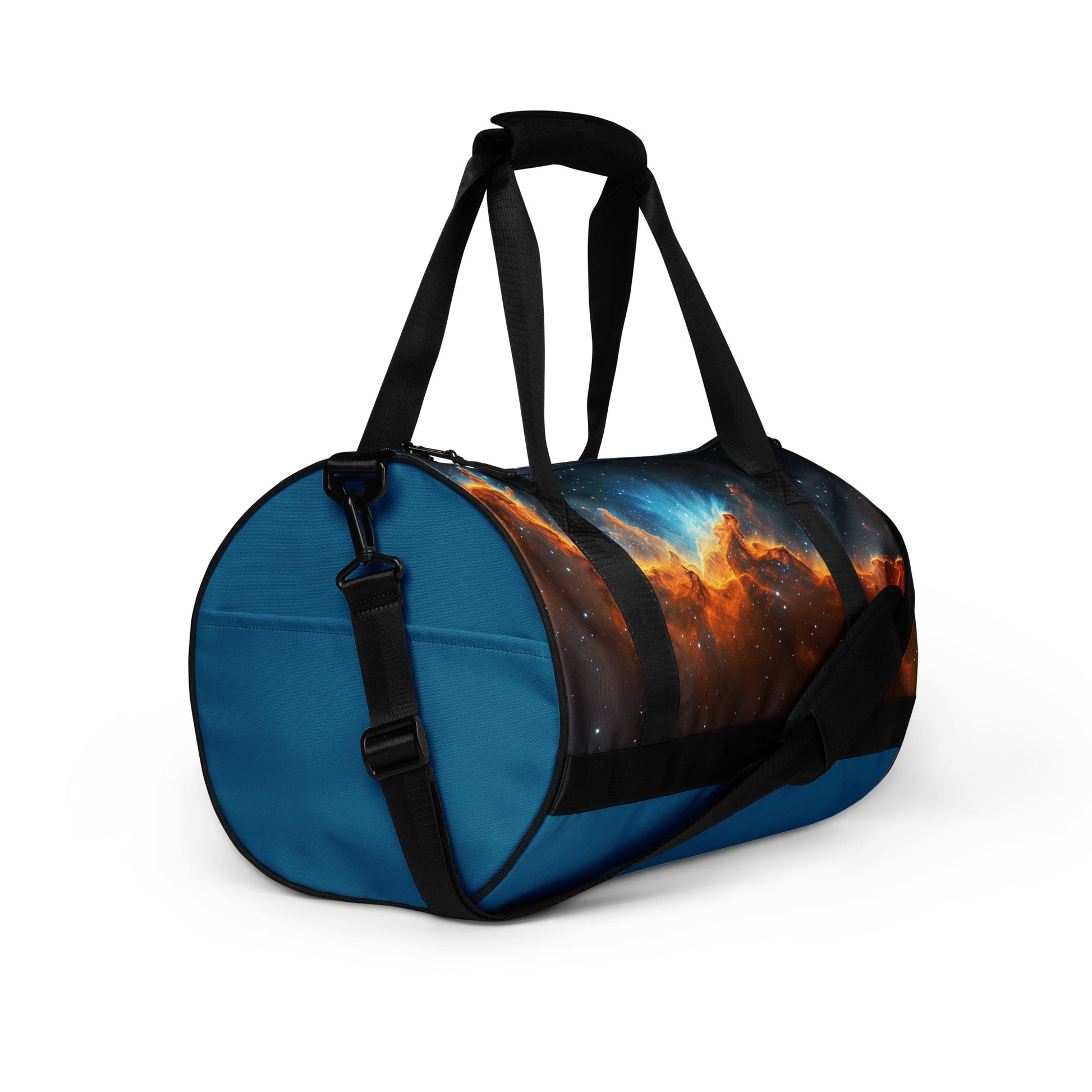 Blue and gold nebula star formation on a teal blue duffel bag or gym bag shown from the right side. Gym bag for men or gym bag for women