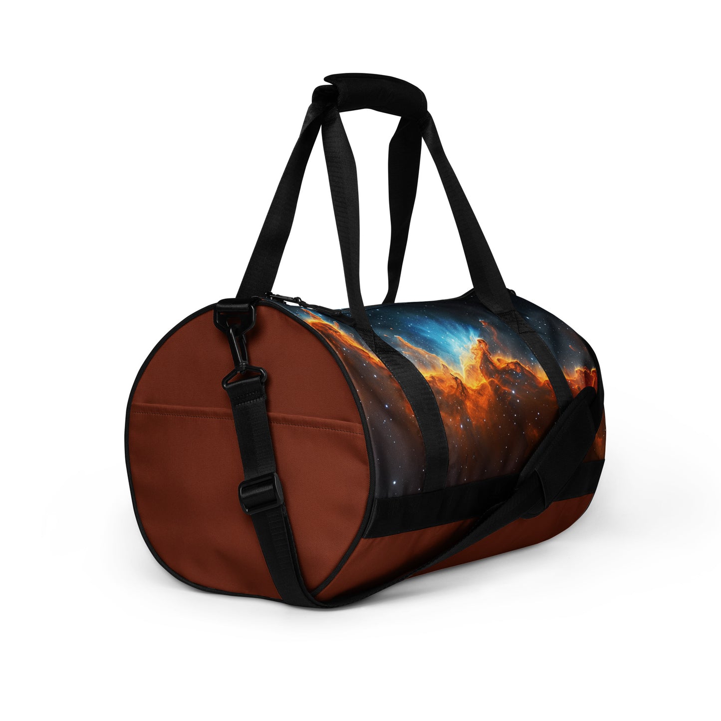 Blue and gold nebula star formation rust colored duffel bag or gym bag shown from the right. Gym bag for men or gym bag for women