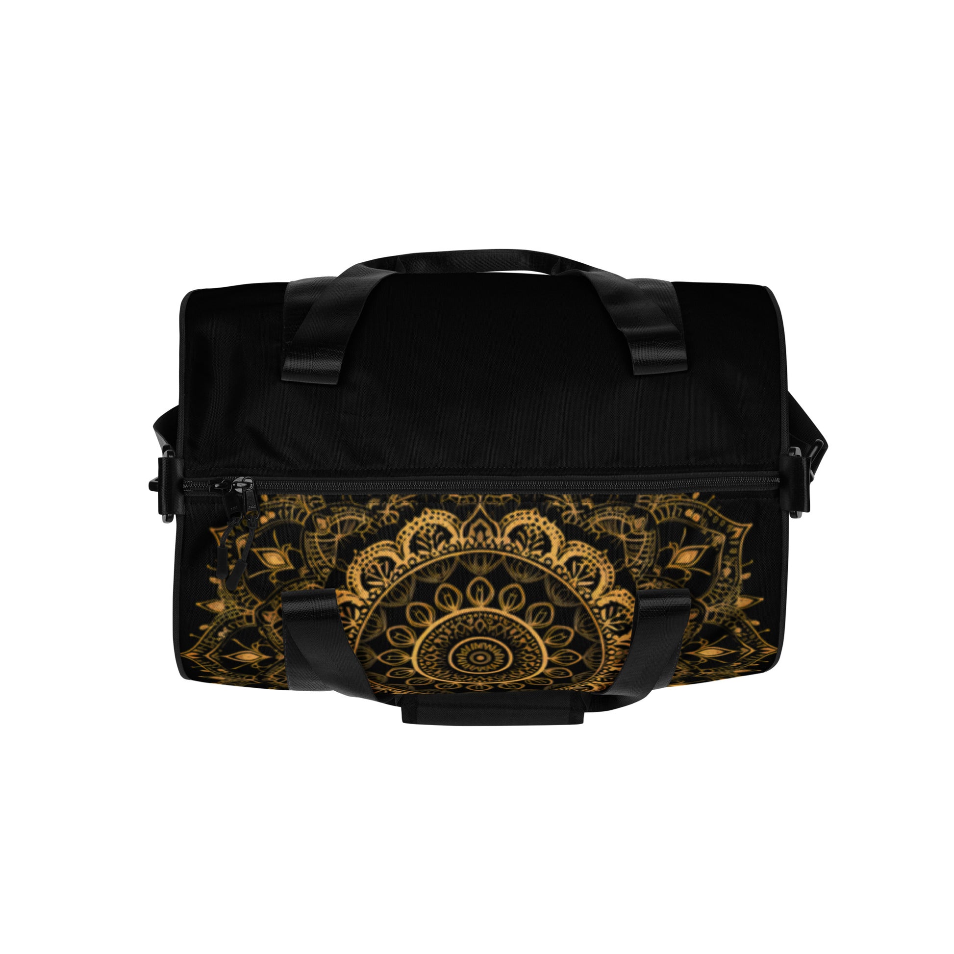 Large gold mandala on a black duffel bag or gym bag shown from the top. Gym bag for men or gym bag for women