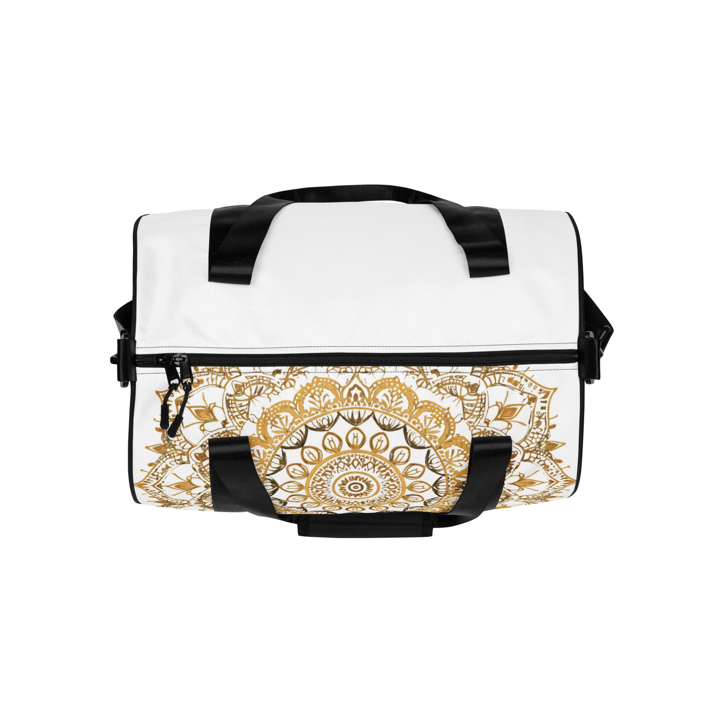 Large gold mandala on a white duffel bag or gym bag shown from the top. Gym bag for men or gym bag for women