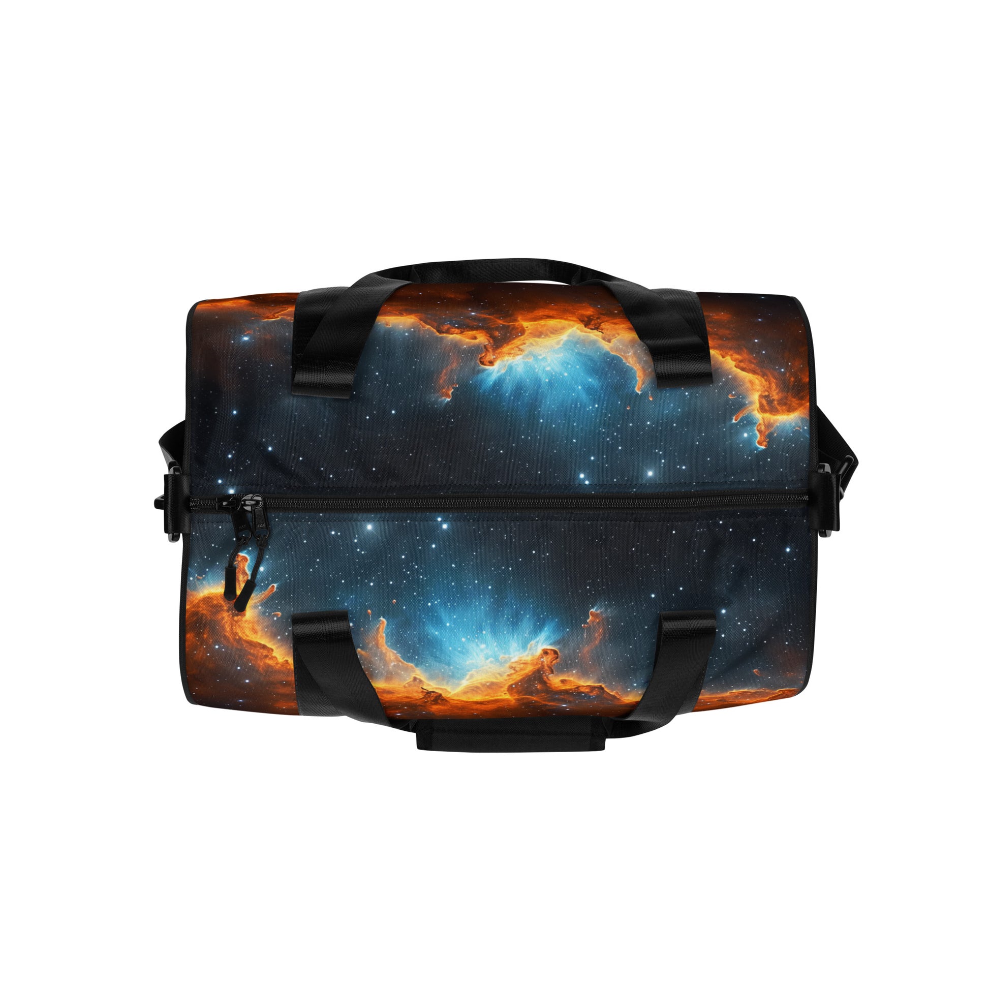 Blue and gold nebula star formation on a teal blue duffel bag or gym bag shown from the top. Gym bag for men or gym bag for women