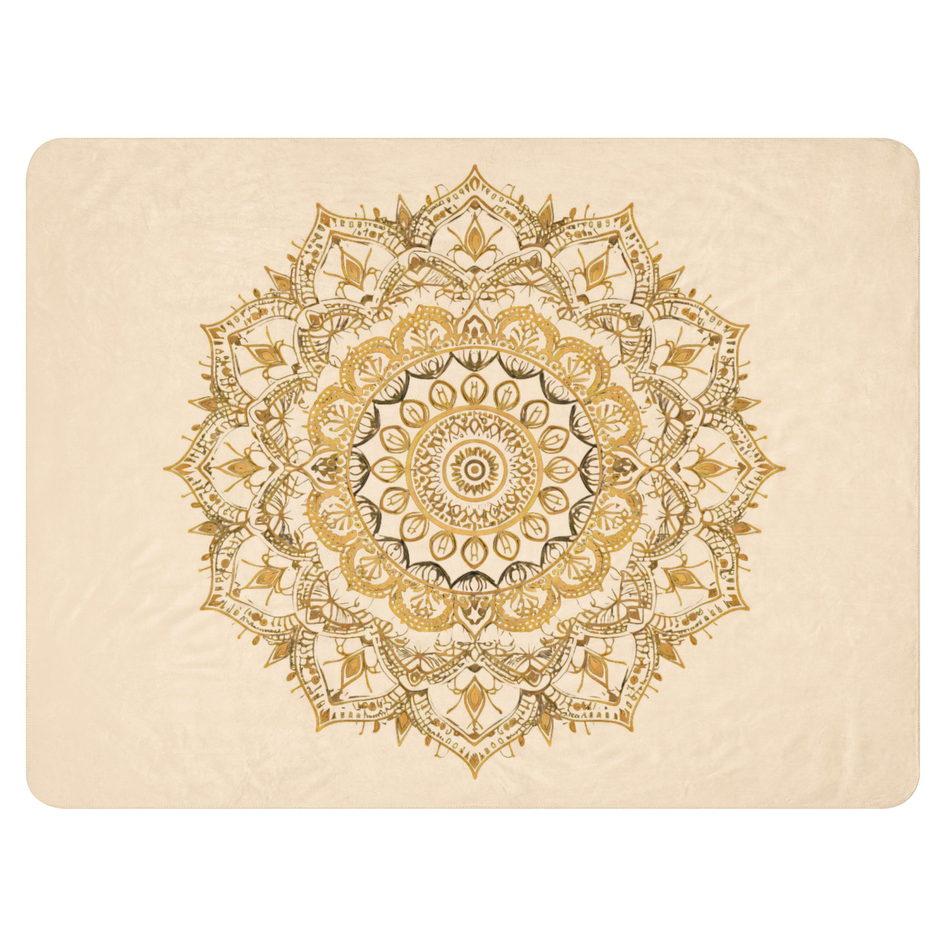 Large gold mandala on a plush sherpa blanket, soft, cozy blanket, shown in XL size, laid out to the side